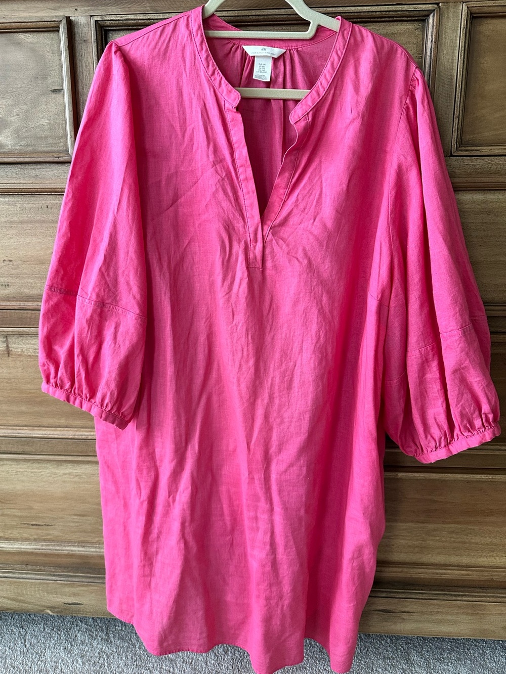 H&M Hot Pink Split-Neck Tunic Dress  with Puff Sleeves